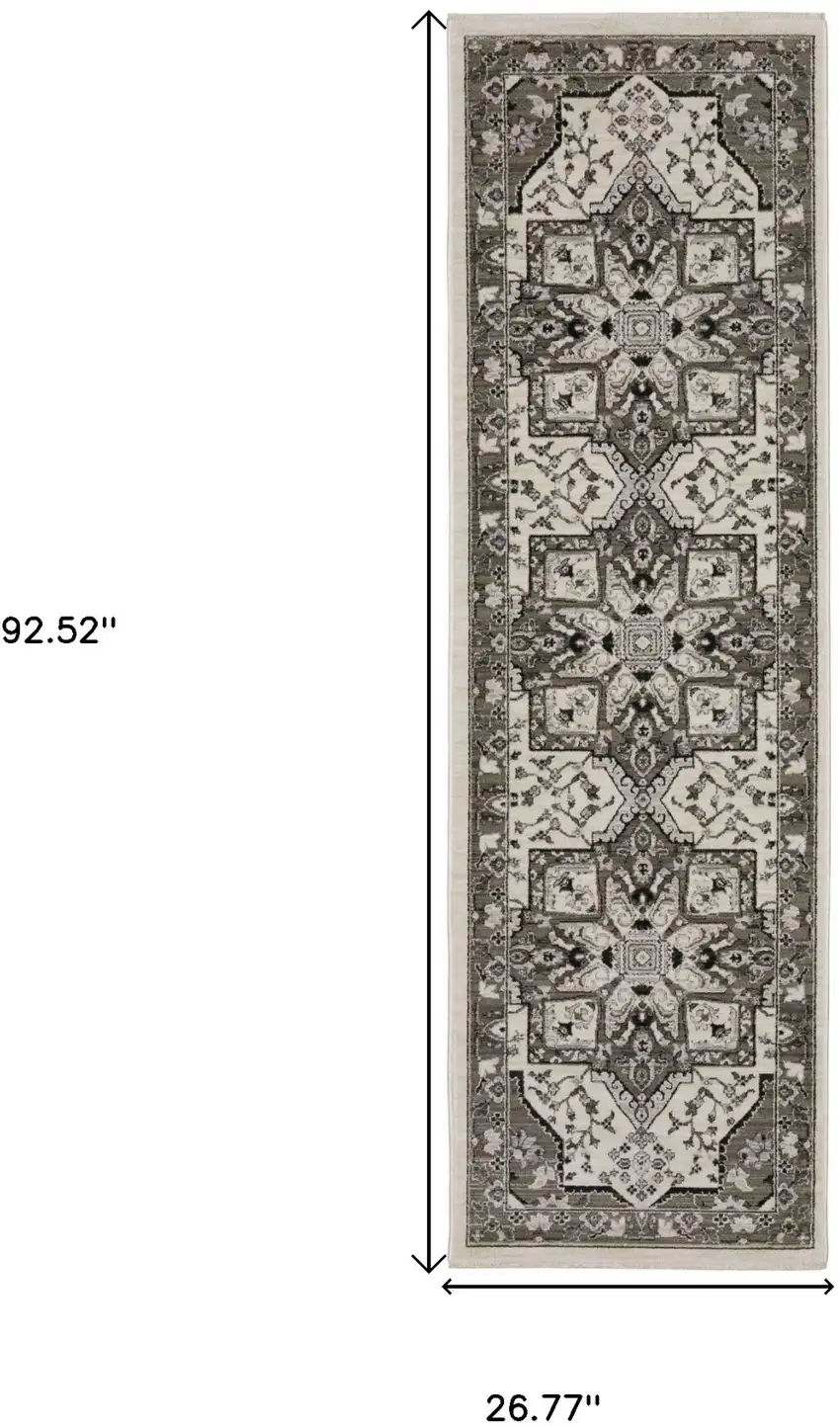 8' Ivory And Gray Medallion Runner Rug With Fringe Photo 3