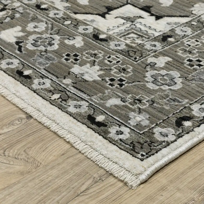 8' Ivory And Gray Medallion Runner Rug With Fringe Photo 9