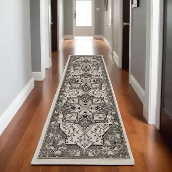 8' Ivory And Gray Medallion Runner Rug With Fringe Photo 1