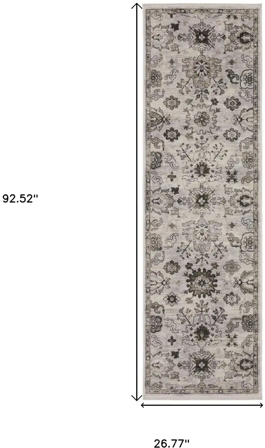 8' Ivory And Gray Oriental Runner Rug With Fringe Photo 3