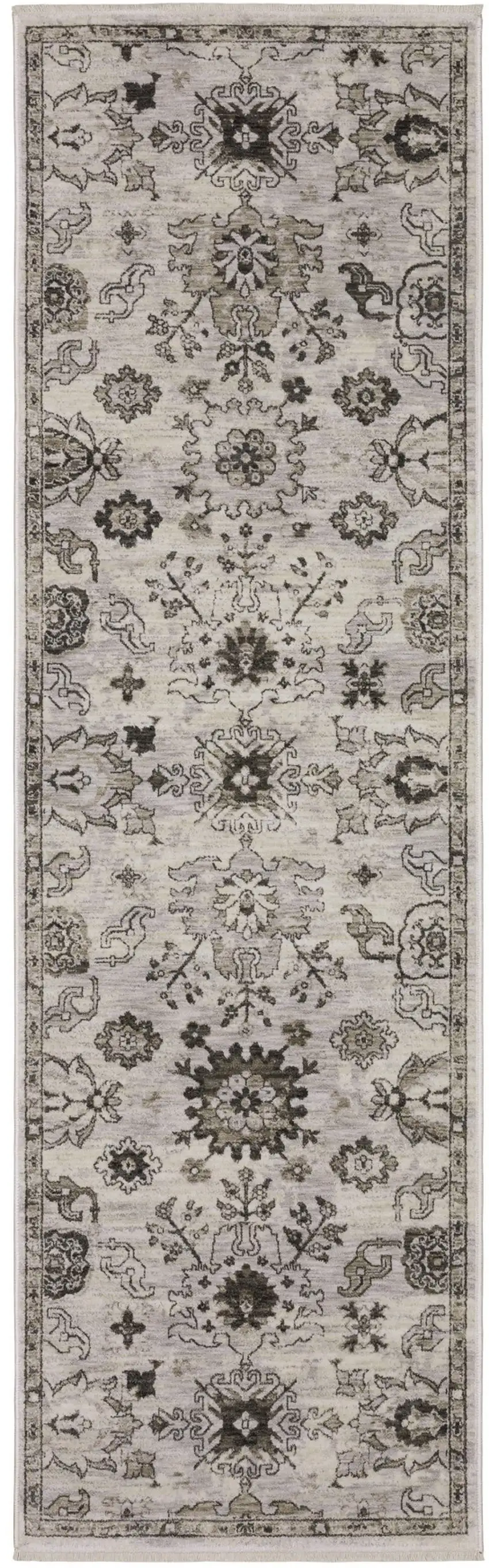 8' Ivory And Gray Oriental Runner Rug With Fringe Photo 2