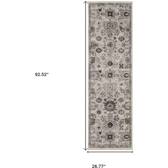 8' Ivory And Gray Oriental Runner Rug With Fringe Photo 3