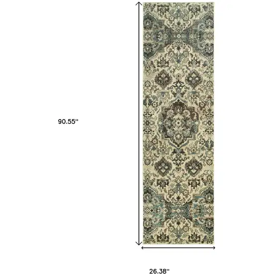 8' Ivory And Gray Oriental Runner Rug Photo 3