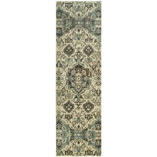 8' Ivory And Gray Oriental Runner Rug Photo 2