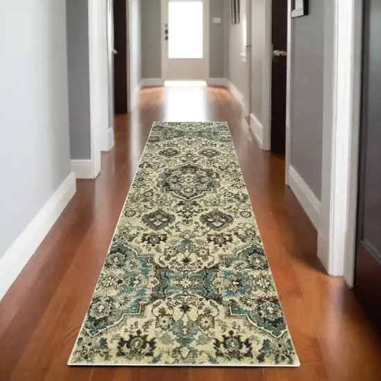 8' Ivory And Gray Oriental Runner Rug Photo 1