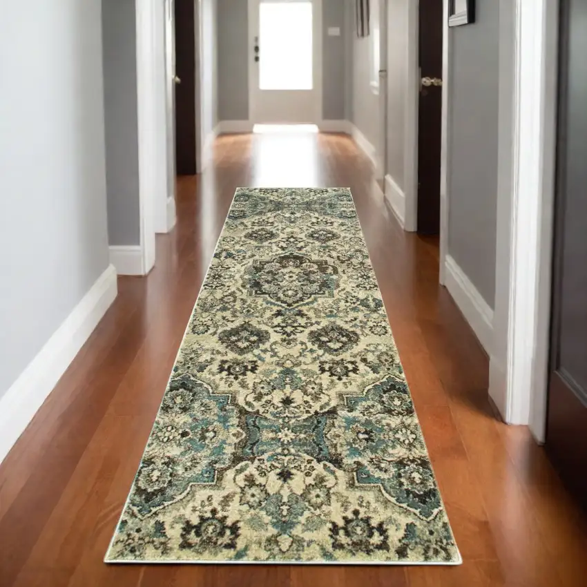 8' Ivory And Gray Oriental Runner Rug Photo 1