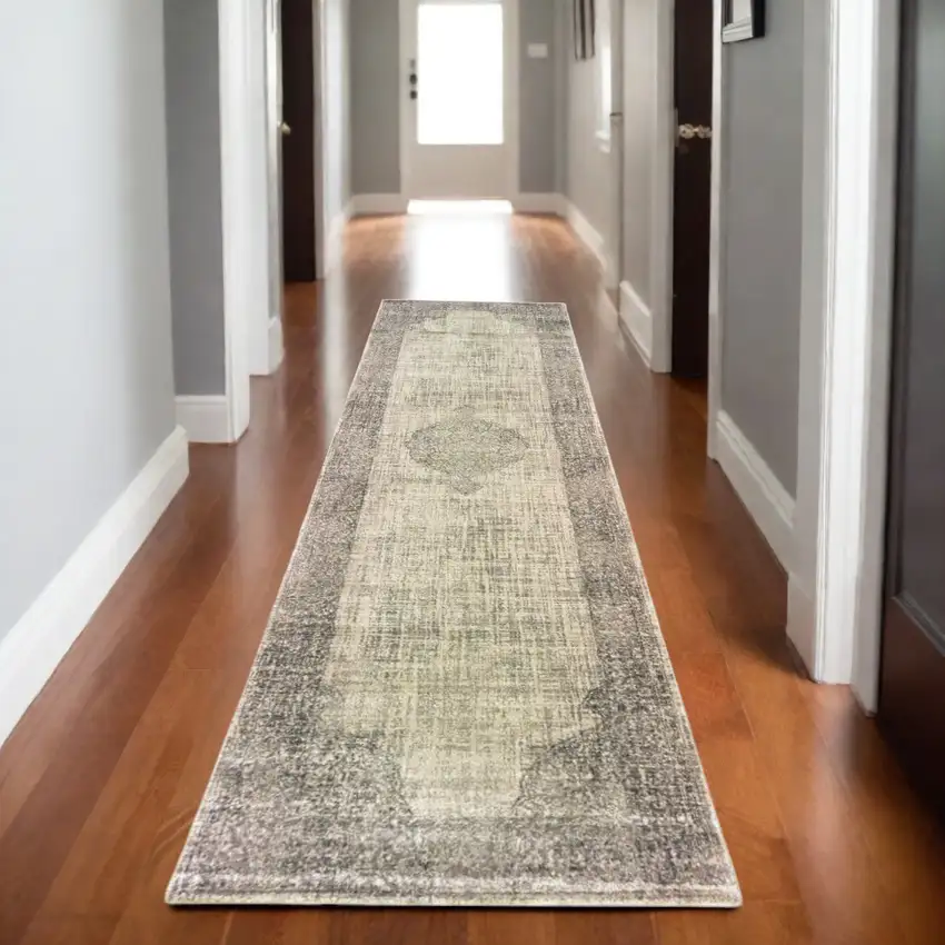 8' Ivory And Gray Oriental Runner Rug Photo 1