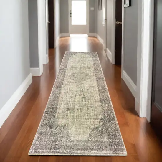 8' Ivory And Gray Oriental Runner Rug Photo 1