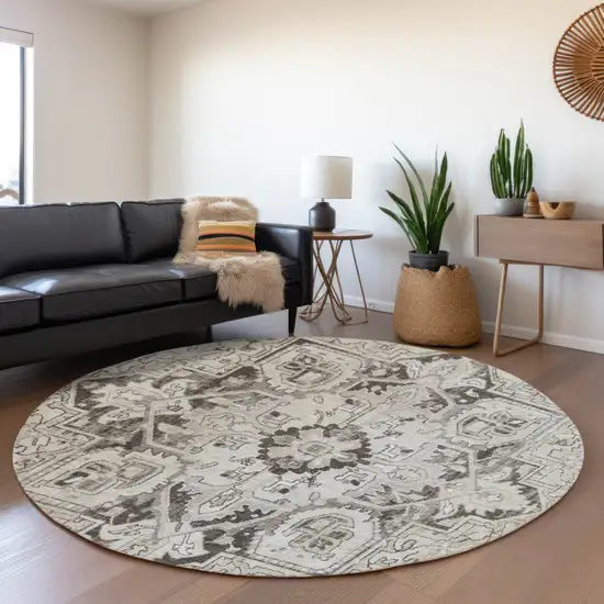 8' Ivory And Gray Oriental Washable Round Rug With UV Protection Photo 5
