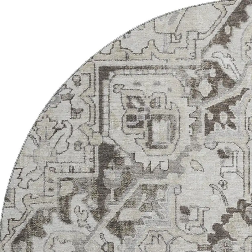 8' Ivory And Gray Oriental Washable Round Rug With UV Protection Photo 3