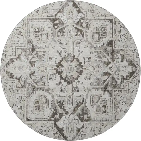 8' Ivory And Gray Oriental Washable Round Rug With UV Protection Photo 4