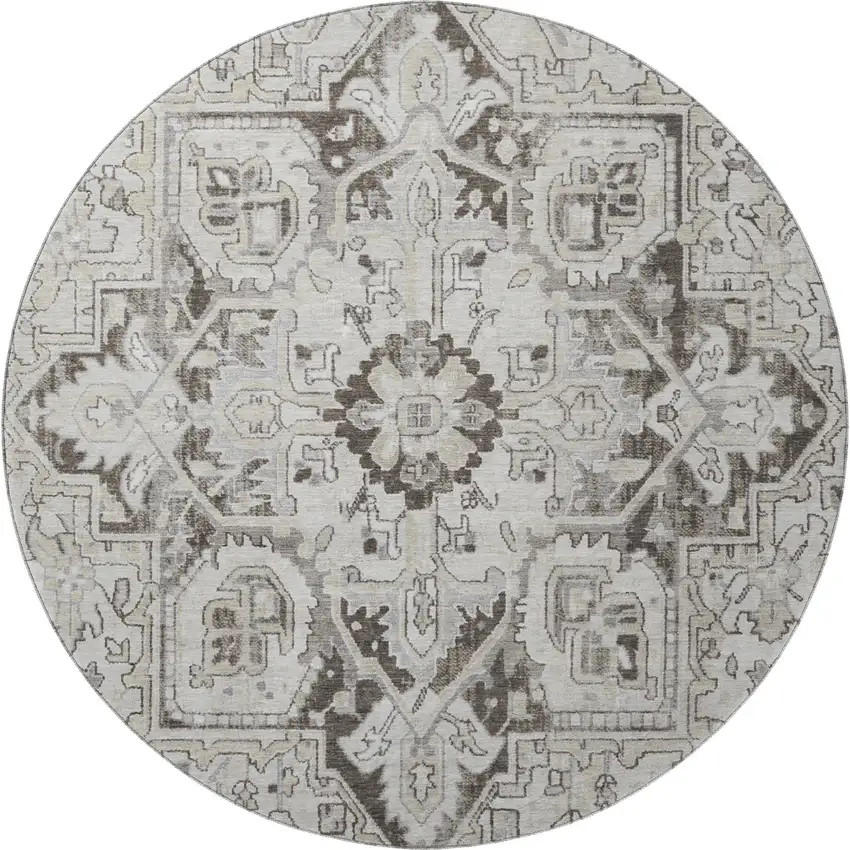 8' Ivory And Gray Oriental Washable Round Rug With UV Protection Photo 4