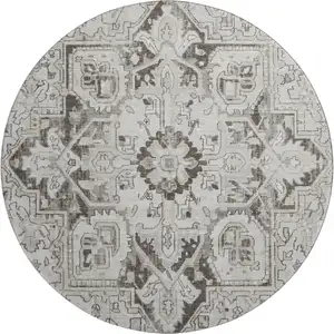 Photo of 8' Ivory And Gray Oriental Washable Round Rug With UV Protection