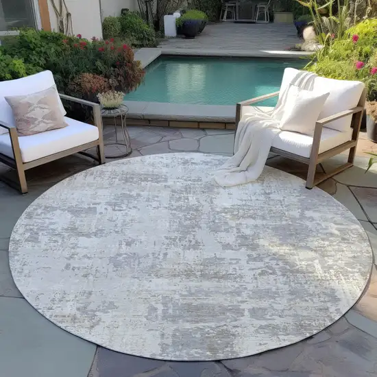 8' Ivory And Gray Round Abstract Washable Indoor Outdoor Area Rug Photo 6