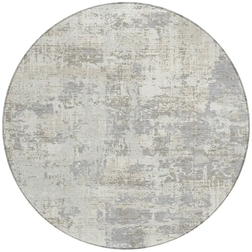 8' Ivory And Gray Round Abstract Washable Indoor Outdoor Area Rug Photo 5