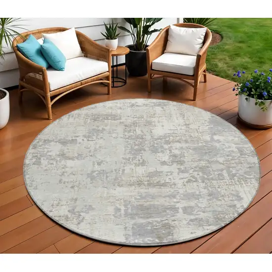 8' Ivory And Gray Round Abstract Washable Indoor Outdoor Area Rug Photo 1