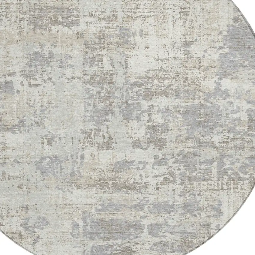 8' Ivory And Gray Round Abstract Washable Indoor Outdoor Area Rug Photo 3