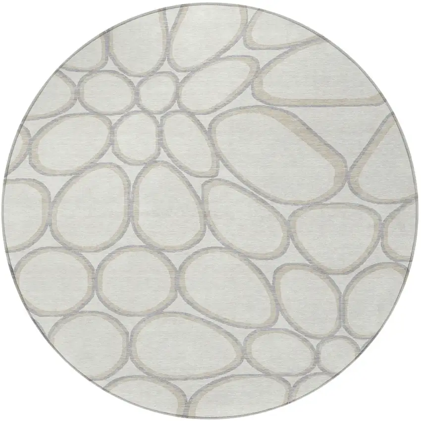 8' Ivory And Gray Round Abstract Washable Indoor Outdoor Area Rug Photo 5