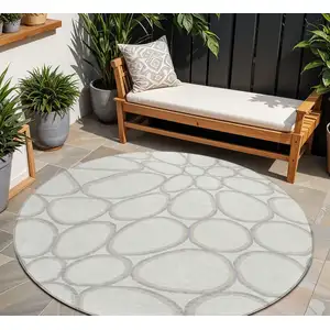 Photo of 8' Ivory And Gray Round Abstract Washable Indoor Outdoor Area Rug