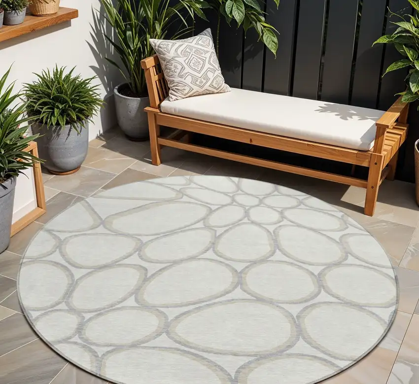 8' Ivory And Gray Round Abstract Washable Indoor Outdoor Area Rug Photo 1