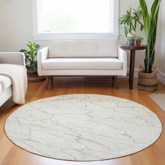 8' Ivory And Gray Round Abstract Washable Indoor Outdoor Area Rug Photo 8