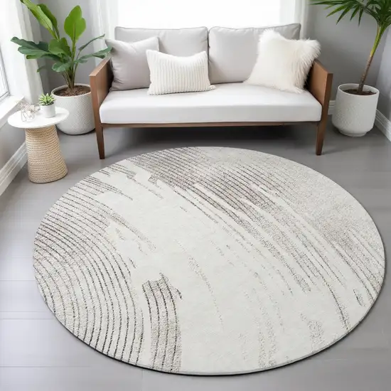 8' Ivory And Gray Round Abstract Washable Indoor Outdoor Area Rug Photo 7
