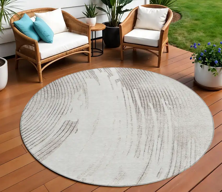8' Ivory And Gray Round Abstract Washable Indoor Outdoor Area Rug Photo 2