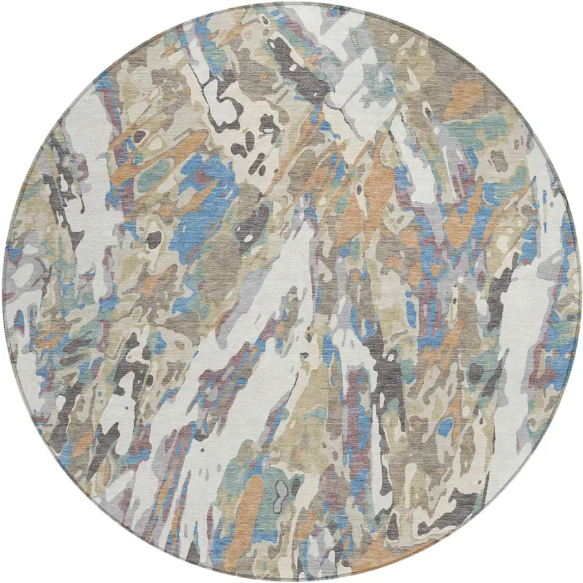 8' Ivory And Gray Round Abstract Washable Indoor Outdoor Area Rug Photo 1