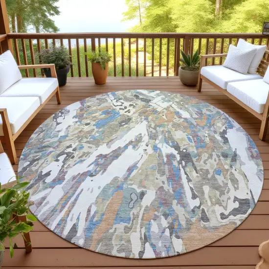 8' Ivory And Gray Round Abstract Washable Indoor Outdoor Area Rug Photo 4