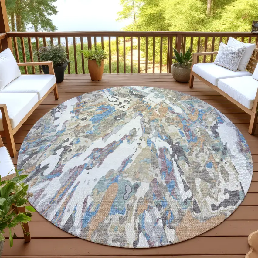 8' Ivory And Gray Round Abstract Washable Indoor Outdoor Area Rug Photo 4