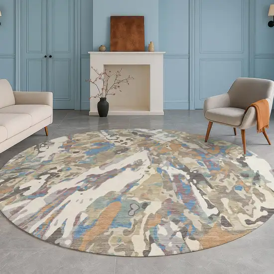 8' Ivory And Gray Round Abstract Washable Indoor Outdoor Area Rug Photo 5