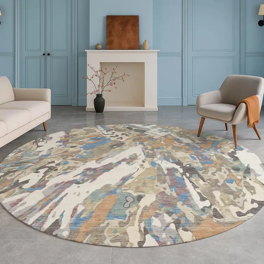 8' Ivory And Gray Round Abstract Washable Indoor Outdoor Area Rug Photo 5