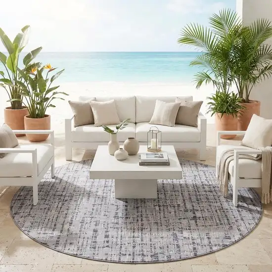 8' Ivory And Gray Round Abstract Washable Indoor Outdoor Area Rug Photo 1