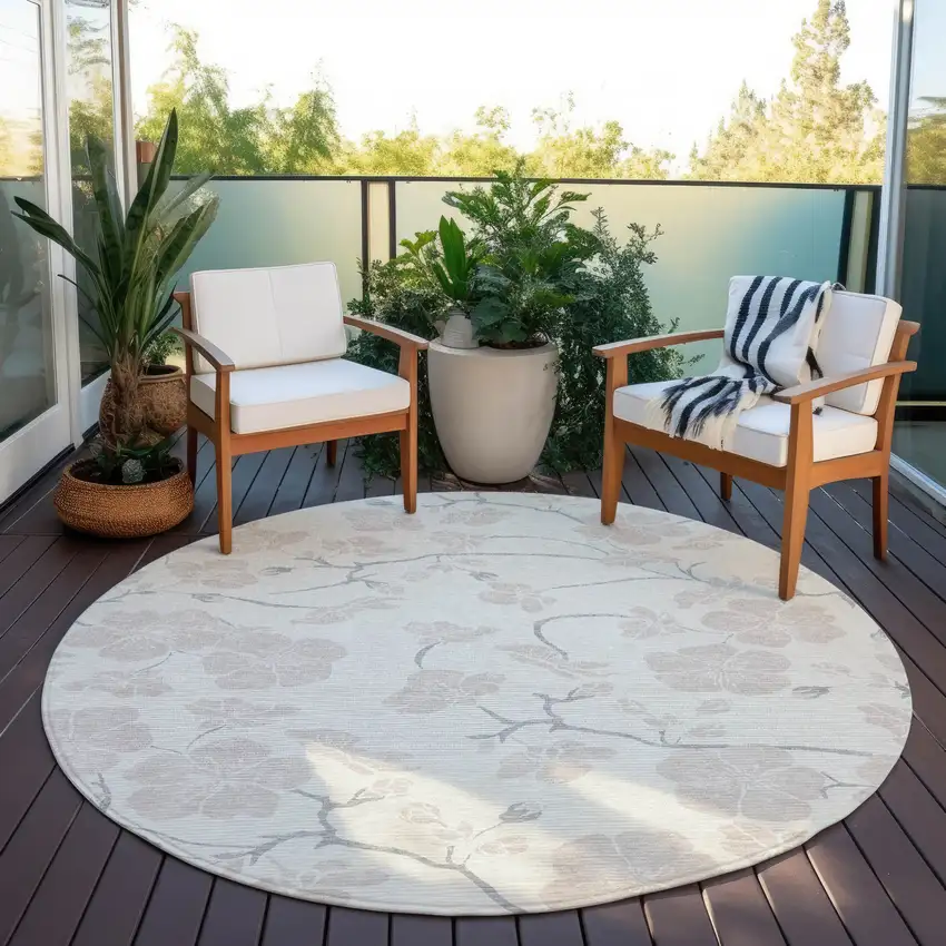 8' Ivory And Gray Round Floral Washable Indoor Outdoor Area Rug Photo 6
