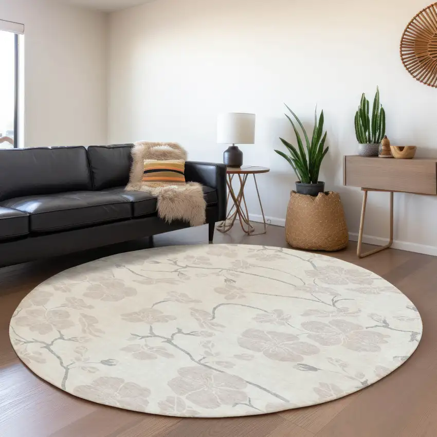 8' Ivory And Gray Round Floral Washable Indoor Outdoor Area Rug Photo 7