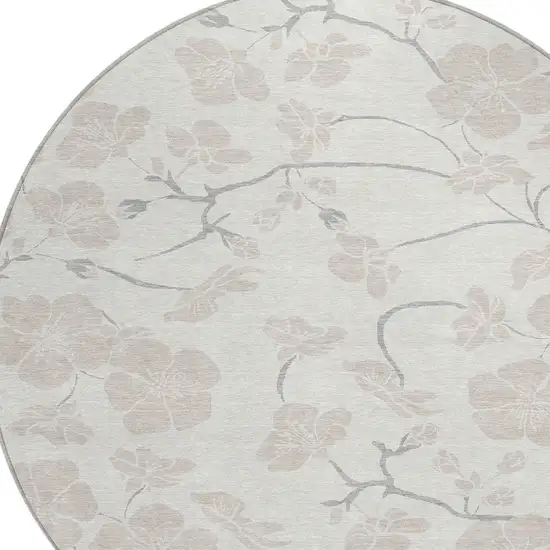 8' Ivory And Gray Round Floral Washable Indoor Outdoor Area Rug Photo 4
