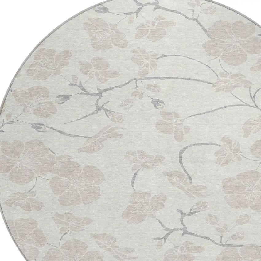 8' Ivory And Gray Round Floral Washable Indoor Outdoor Area Rug Photo 4