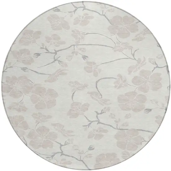 8' Ivory And Gray Round Floral Washable Indoor Outdoor Area Rug Photo 2