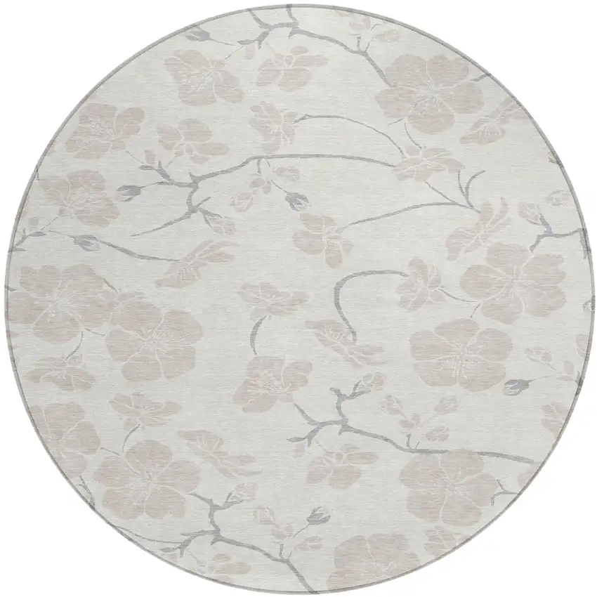 8' Ivory And Gray Round Floral Washable Indoor Outdoor Area Rug Photo 2