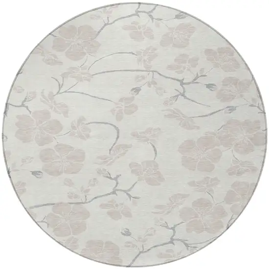 8' Ivory And Gray Round Floral Washable Indoor Outdoor Area Rug Photo 5