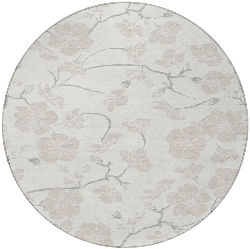 8' Ivory And Gray Round Floral Washable Indoor Outdoor Area Rug Photo 5