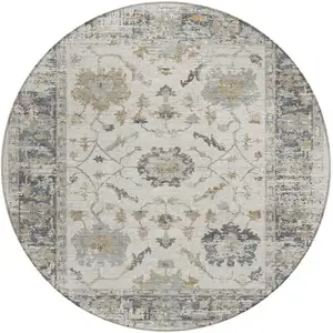Photo of 8' Ivory And Gray Round Floral Washable Indoor Outdoor Area Rug