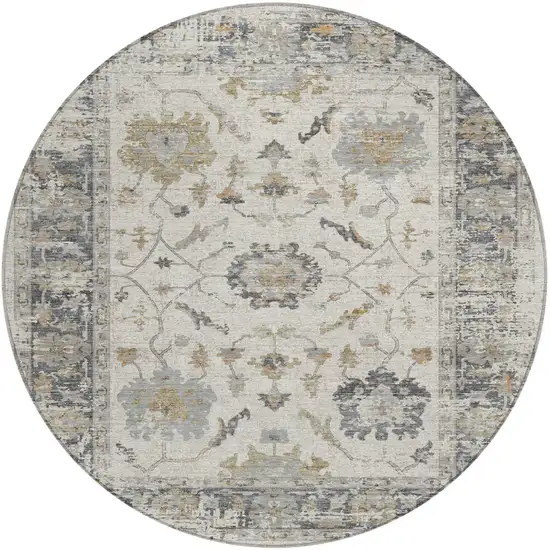 8' Ivory And Gray Round Floral Washable Indoor Outdoor Area Rug Photo 1