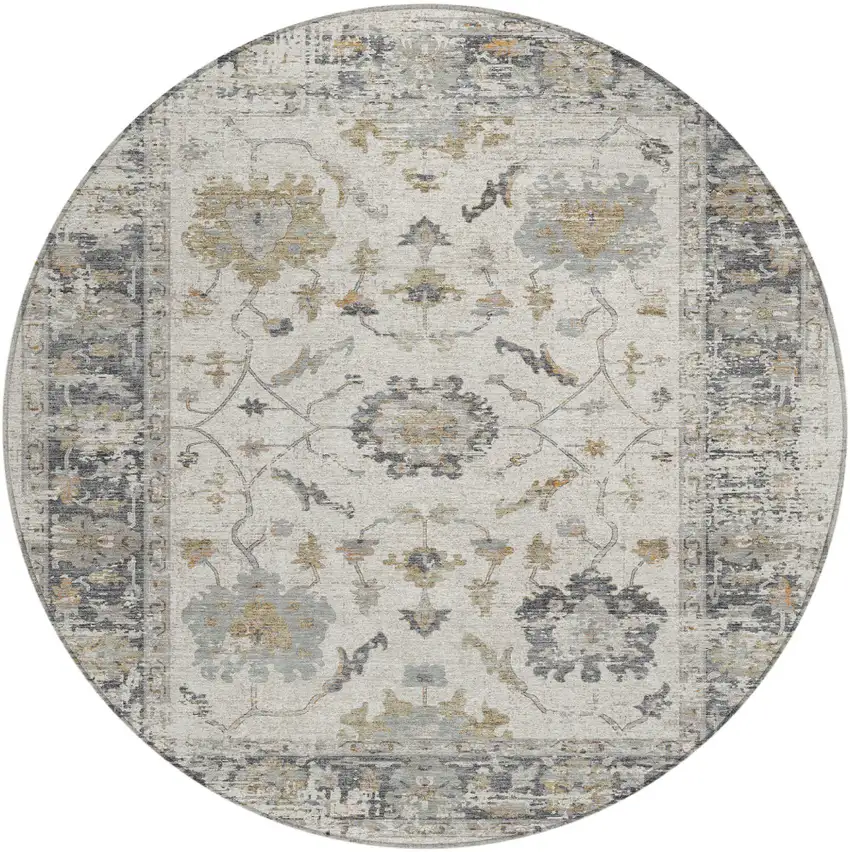 8' Ivory And Gray Round Floral Washable Indoor Outdoor Area Rug Photo 1