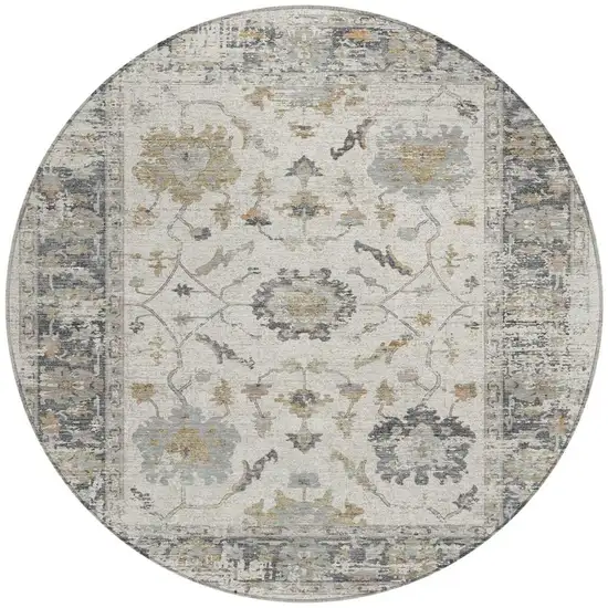 8' Ivory And Gray Round Floral Washable Indoor Outdoor Area Rug Photo 3