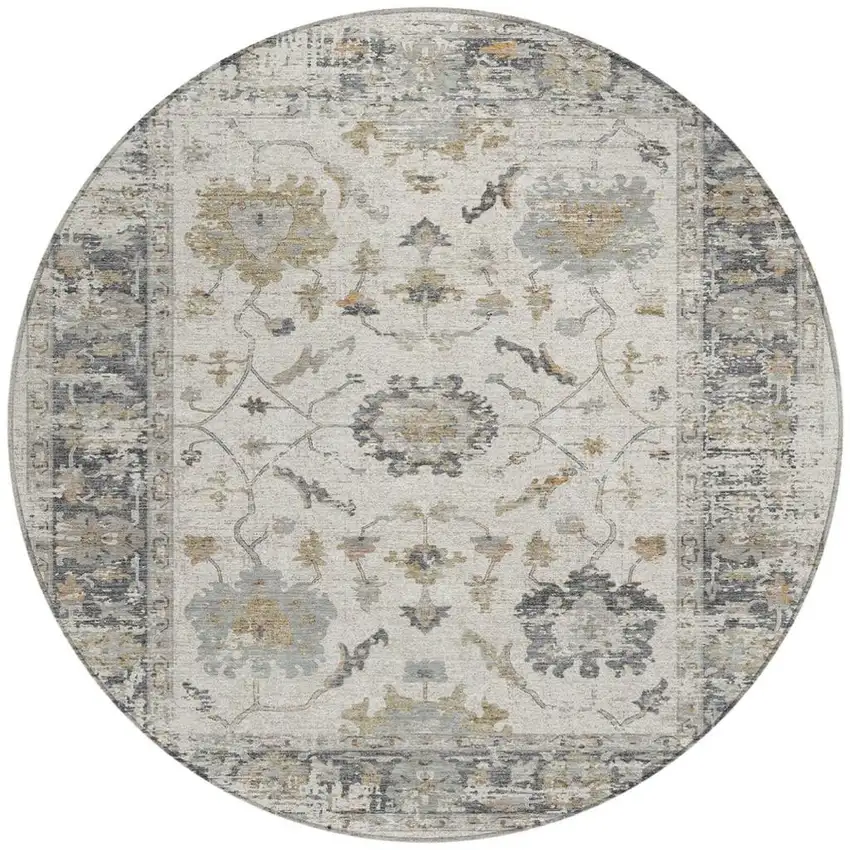 8' Ivory And Gray Round Floral Washable Indoor Outdoor Area Rug Photo 3