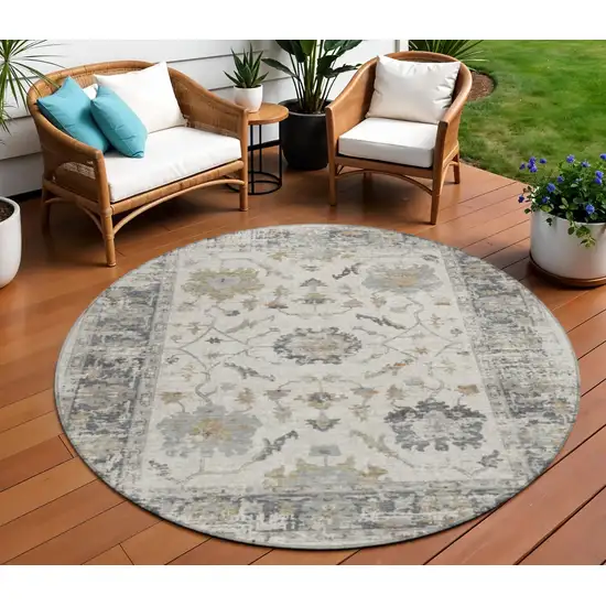 8' Ivory And Gray Round Floral Washable Indoor Outdoor Area Rug Photo 2