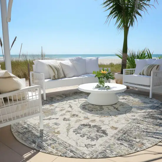 8' Ivory And Gray Round Floral Washable Indoor Outdoor Area Rug Photo 5