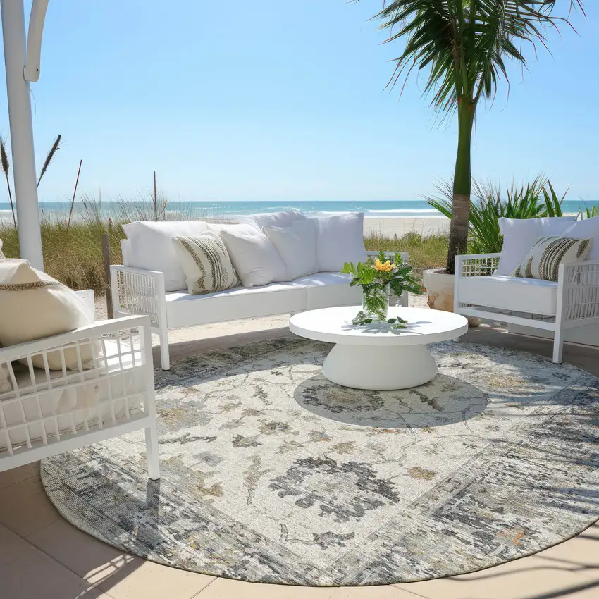 8' Ivory And Gray Round Floral Washable Indoor Outdoor Area Rug Photo 5