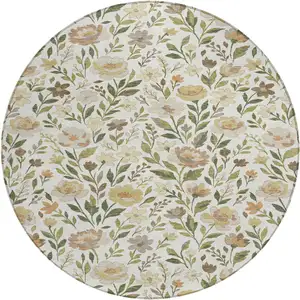 Photo of 8' Ivory And Gray Round Floral Washable Indoor Outdoor Area Rug